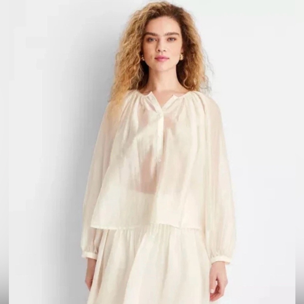 New Future Collective Women’s Cream Sheer Button Up Boho Dolman Long Slv. Top M
